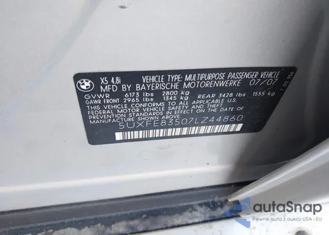 2007 BMW X5 4.8I from USA, damaged, VIN 5UXFE83507LZ44860